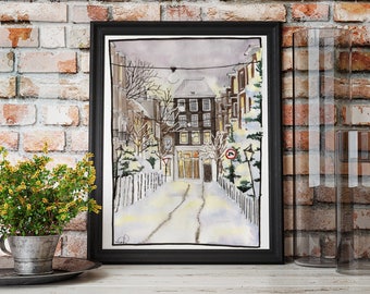 Winter Art Print / Snowy Winter Scene / Fine Art Print / Urban Sketch / Watercolor Art / Winter Illustration / Winter Painting