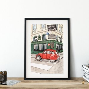 Paris Aquarell Kunstdruck: Vintage Rotes Auto, Urbane Straßenszene Bild 7