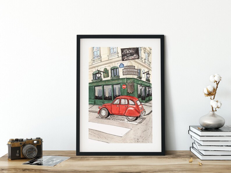 Paris Aquarell Kunstdruck: Vintage Rotes Auto, Urbane Straßenszene Bild 7