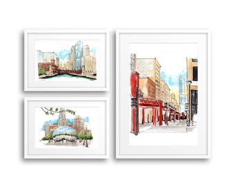 Chicago Skyline Set of Art Prints, Large Wall Art Prints, Gallery Wall Prints, Wall Art for Living Room Wall