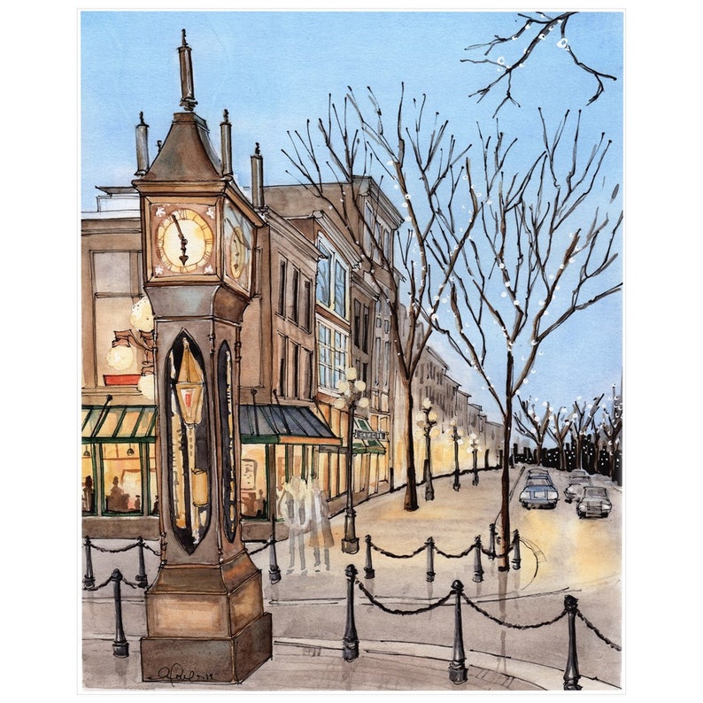 May include: A watercolour painting of a clock tower on a street corner in a city. The clock tower is brown with a gold clock face. The street is lined with trees and buildings. There are cars parked on the street.
