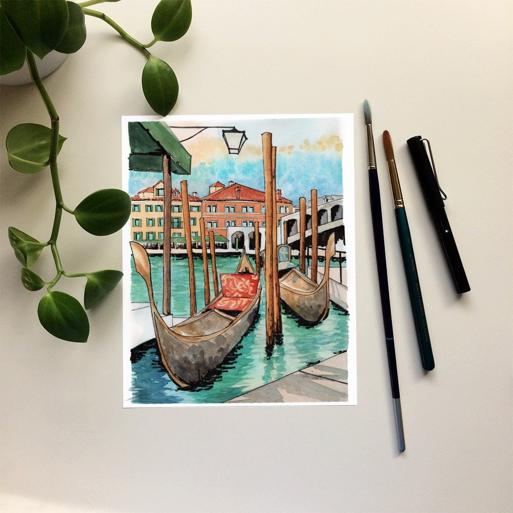 ヴェネツィアの運河の水彩画：ゴンドラとリアルト橋 - Etsy 日本
