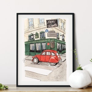 Vintage Paris Street Scene, Old Car art, Paris Watercolor Travel Illustration, Urban Sketch, Paris art for her, Paris Art Print, Wanderlust