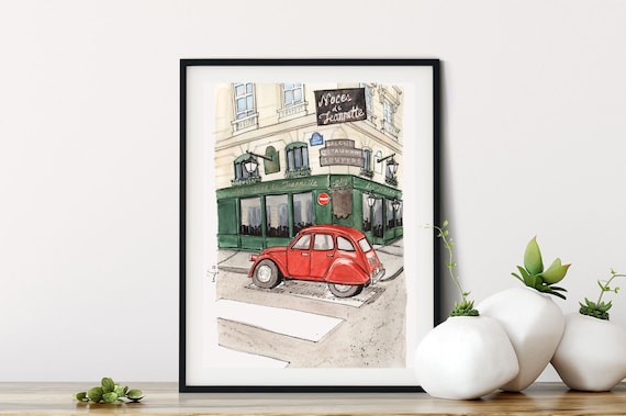 Paris Watercolor Art Print: Vintage Red Car, Urban Street Scene