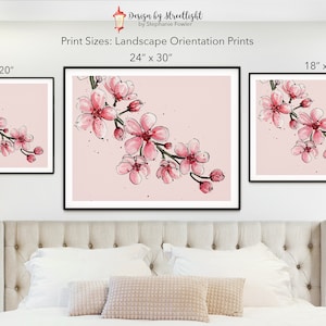 May include: Three framed prints of a watercolour painting of pink cherry blossoms on a light pink background. The prints are available in three sizes: 16x20 inches, 18x24 inches, and 24x30 inches.