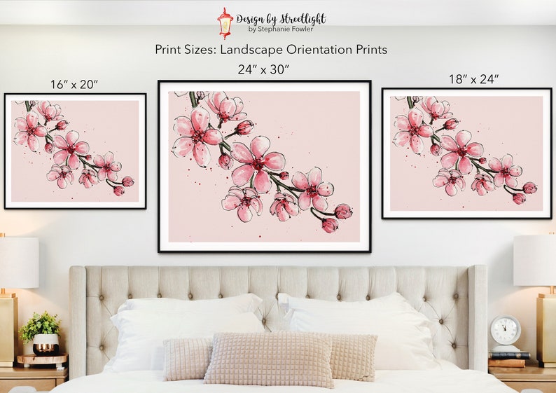 May include: Three framed prints of a watercolour painting of pink cherry blossoms on a light pink background. The prints are available in three sizes: 16x20 inches, 18x24 inches, and 24x30 inches.