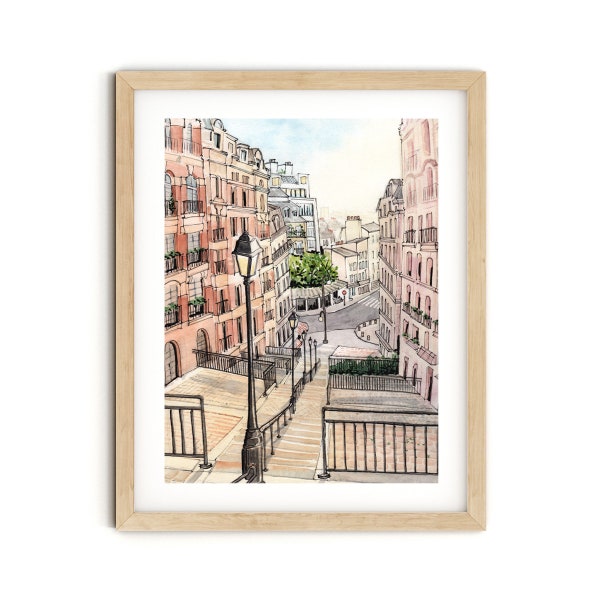 Steps of Montmartre Paris, Watercolor Art, Pink Art Print, Parisian Art, Europe Art, travel print, romantic home decor, Spring Decor,