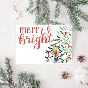 Merry  Bright Holiday Cards - Christmas Art Nostalgic Ornaments Set of 10 Blank Cards with Envelopes