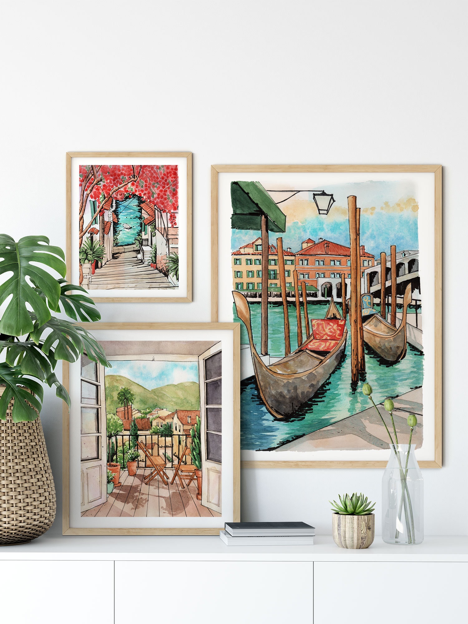 ヴェネツィアの運河の水彩画：ゴンドラとリアルト橋 - Etsy 日本