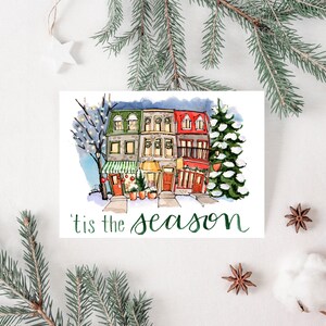 Holiday Watercolor Greeting Cards, Set of 10 Christmas Cards, Old Town Quebec City illustration blank inside cards with envelopes