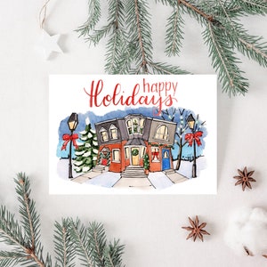Cartes de Noël, scène d’hiver, maisons de ville aquarelles avec décor de vacances, cartes de vacances, jeu intérieur vierge de 10 cartes avec enveloppes
