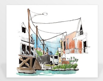 Art Print: Venice Beach Canal Home Laneways, Venice Beach Canal Homes, Cute American Art, Apartment Decor, Laneway Art, Watercolor Print