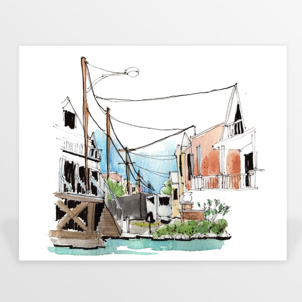 Art Print: Venice Beach Canal Home Laneways, Venice Beach Canal Homes, Cute American Art, Apartment Decor, Laneway Art, Watercolor Print