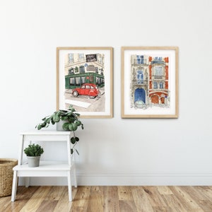 Paris Aquarell Kunstdruck: Vintage Rotes Auto, Urbane Straßenszene Bild 3