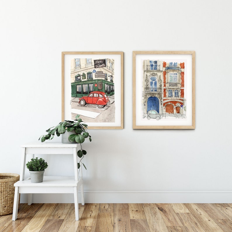 Paris Aquarell Kunstdruck: Vintage Rotes Auto, Urbane Straßenszene Bild 3