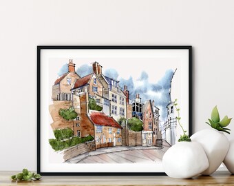 Robin Hoods Bay Watercolour Art Print, England Art