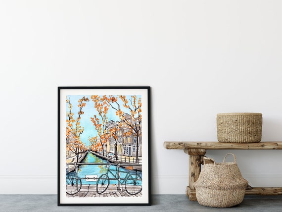Amsterdam Canal Watercolor Art Print: Fall Travel Poster