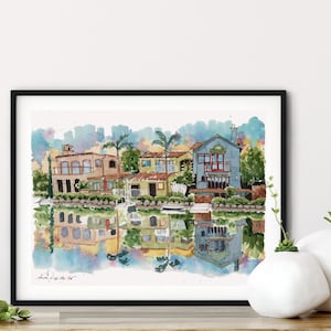 Venice Beach Canal Homes, Los Angeles Watercolor Fine Art Print, Home office art