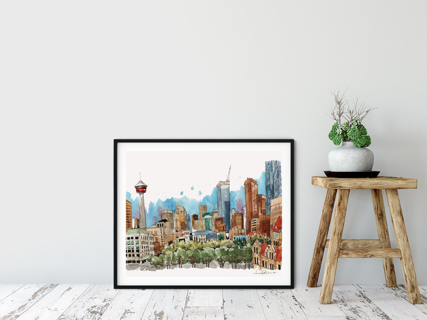 Calgary Skyline Print, Calgary Art, Calgary Watercolor Print, Downtown Calgary Watercolor, YYC Urban Sketch, Calgary Alberta, office decor