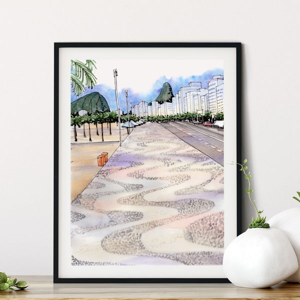 Copacabana Beach, Rio de Janiero Brazilië aquarel kunstprint