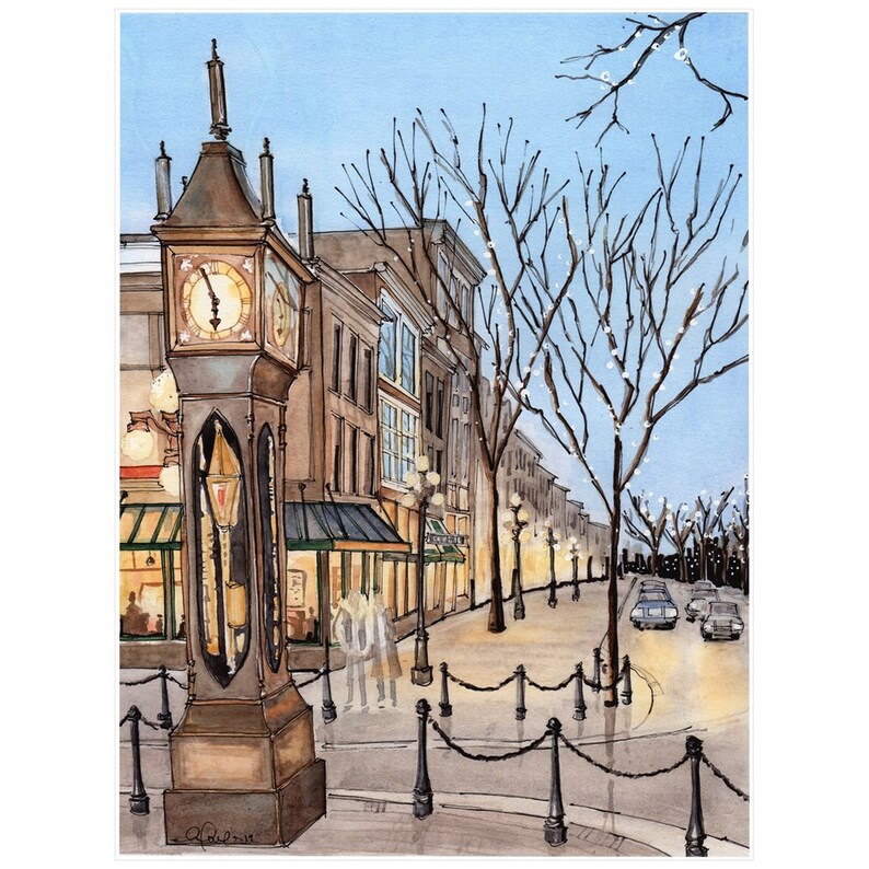 May include: A watercolour painting of a clock tower on a street in a city. The clock tower is brown and has a clock face with Roman numerals. The street is lined with buildings and trees. The sky is blue and there are clouds in the distance.