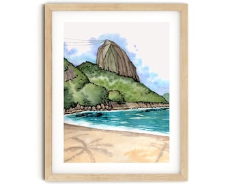 Praia Vermelha & Sugarloaf Mountain, Brazil Travel Art Watercolor Print,