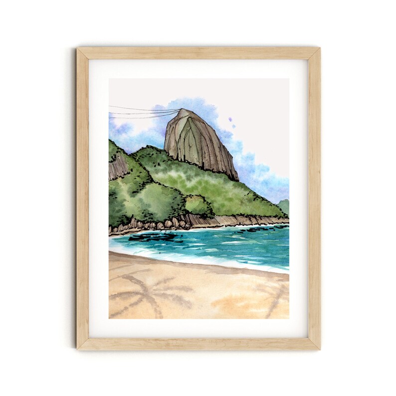 View of Sugarloaf Mountain, Brasil from Praia Vermelha, watercolor print in a simple wooden frame.
