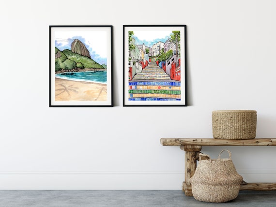 Rio de Janeiro Watercolor Art Prints: Sugarloaf Mountain & Selaron Steps
