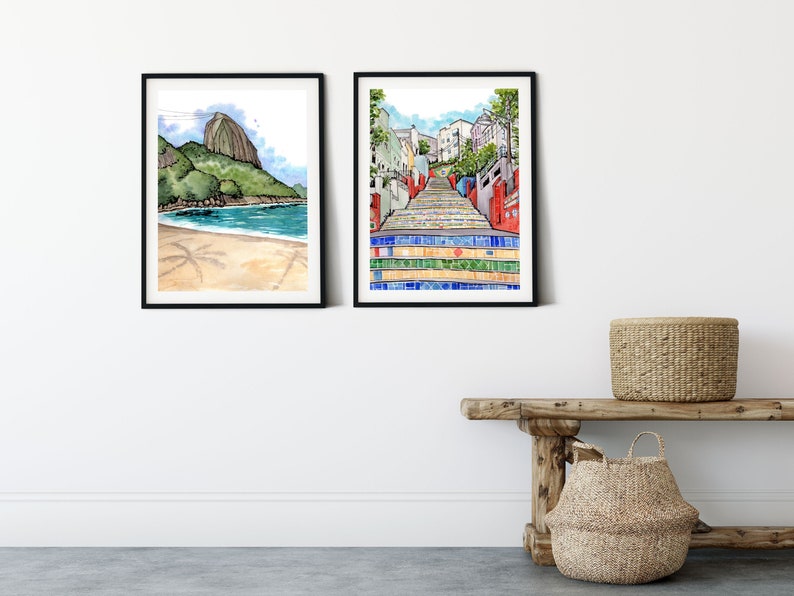 Rio de Janeiro Watercolor Art Prints: Sugarloaf Mountain & Selaron Steps image 1