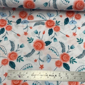 Rosses on white Jersey knit cotton stretchy fabric, floral knit fabric, apparel fabrics, knit fabric,