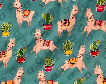Turquoise lama cactus knit Fabric, stretchy knit lama Fabric, cactus stretchy knit, jersey knit fabric, cactus lamas jersey knit cotton knit