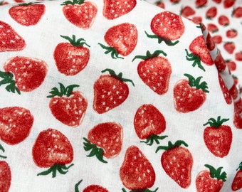 Red strawberry on white 100% cotton, strawberries, cotton woven strawberry fabrics, summer strawberry fabrics, berry first birthday