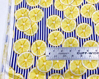 Lemons on navy white stripes Apparel Fabric. 100% cotton fabric, baby apparel lemonade quilting cotton, yellow lemon cotton fabric