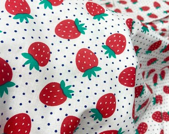 Red strawberry on white with navy small  dots pink 100% cotton, strawberries, cotton woven strawberry fabrics, summer strawberry fabric