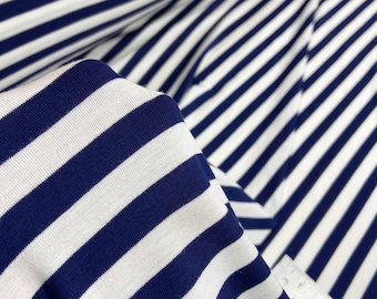 Navy blue white 1/2” stripes Jersey knit stretchy fabric, stripes fabric, apparel fabrics, stripe knit fabric, polyester Spandex Knit