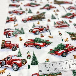 Red Christmas track cotton Fabric, Christmas tree on red track 100% cotton fabric, Christmas fabric,