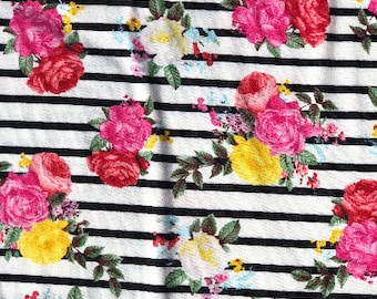 Black white stripes with Roses stretchy knit  Fabric, Easter floral knit, floral knit fabric, pi k flower jersey knit,