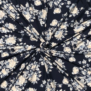 Navy cream floral spandex polyester stretchy knit fabric, floral stretchy knit, floral cream bouquet, floral brushed polyester,