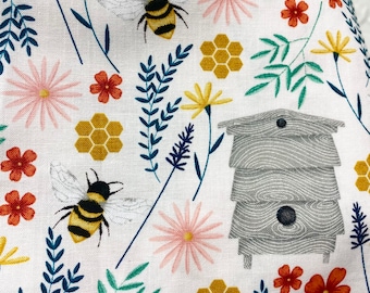 Honey Bee hive floral cotton apparel fabric| floral  bee fabric| Bee fabric| Bee hive fabric | bumblebee fabric | honey bee fabric