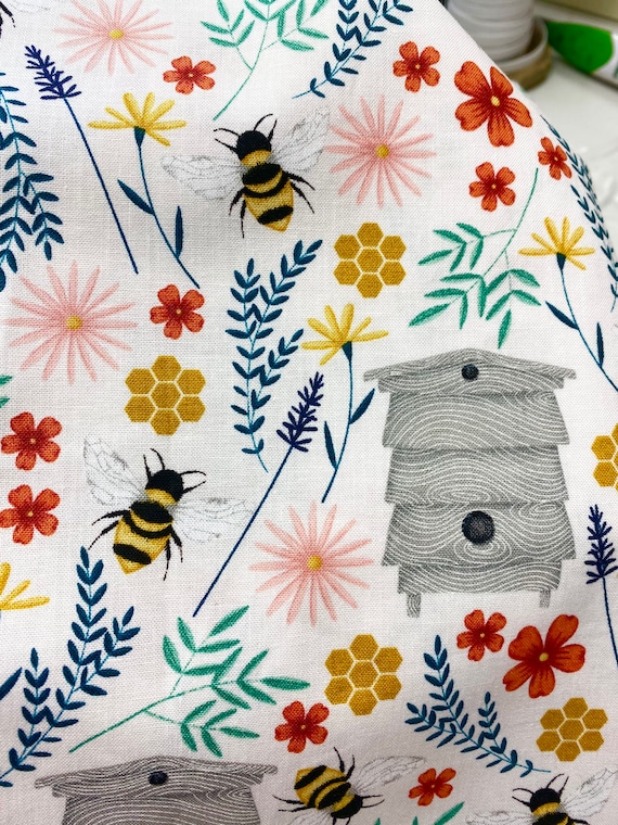 Honey Bee hive floral cotton apparel fabric| floral bee fabric| Bee fabric|  Bee hive fabric | bumblebee fabric | honey bee fabric