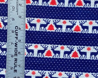 Christmas Deer Bullet Liverpool Stretchy  knit fabric, knit deer on blue Liverpool fabric, Christmas fabric, Christmas trees
