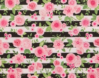 Pink Rose Striped Apparel Fabric, black white floral cotton fabric, fabric by the yard,  apparel cotton fabric,