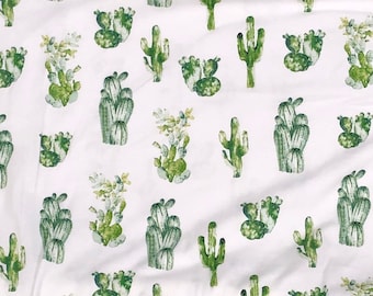 White cactus knit Fabric, stretchy knit cactus Fabric, cactus stretchy knit, jersey knit fabric, cactus jersey knit , cactuses cotton knit