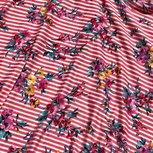 small pink stripes and floral bouquets, double brushed polyester floral stretchy knit, pink floral knit, soft brushed polyester knit