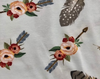 Feather floral Jersey knit cotton stretch fabric, pink floral knit fabric, apparel fabrics, floral knit fabric,