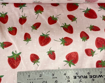 Red strawberry on blush pink 100% cotton, strawberries, cotton woven strawberry fabrics, summer strawberry fabrics