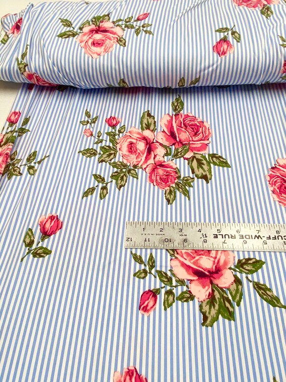 Baby blue  white stripes floral polyester spandex knit, stretchy fabric, floral on blue white stripes fabric, apparel fabric