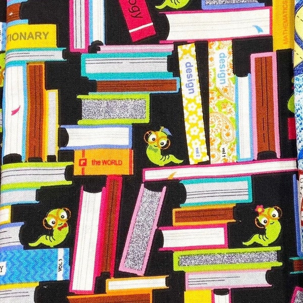 Cotton Fabric with books,  Bookworm, school apparel fabric, 100% cotton fabric, book fabric, book worm fabric,