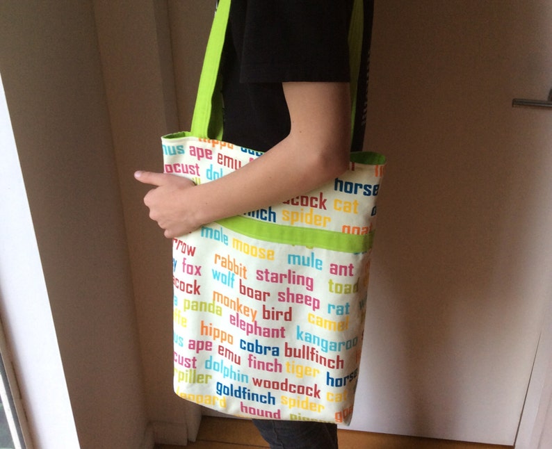 Animal Word Print and Lime Green GirlsBoys Tote Toy Bag Beach 38cm x42cm
