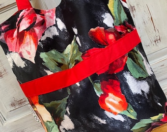 Tote Bag, Shopping, Beach Bag, Fully Reversible & Sturdy, Red and Black Floral, Quality Handmade in Australia, 40cm x38cm